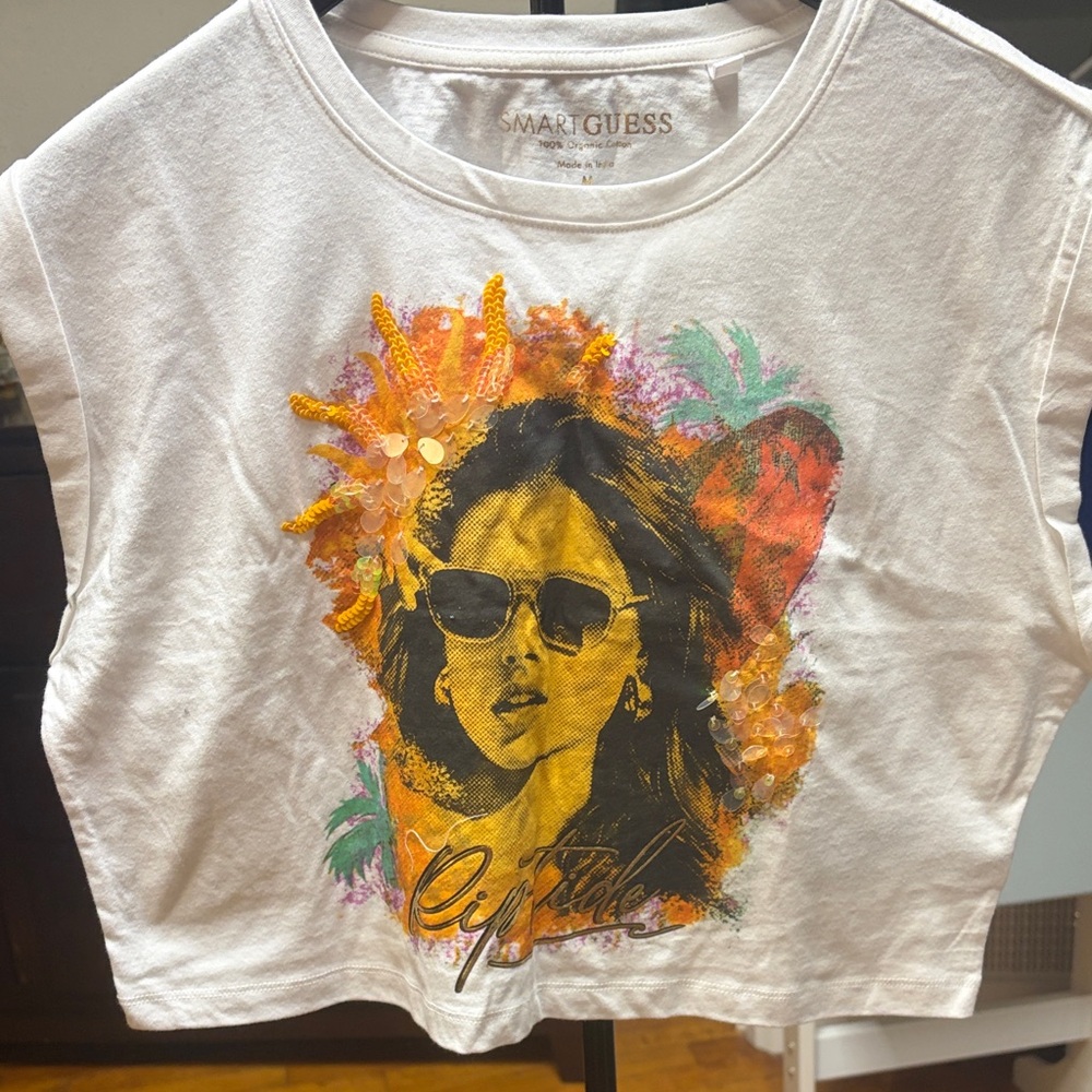 Guess White Crop Top with Vibrant Graphic